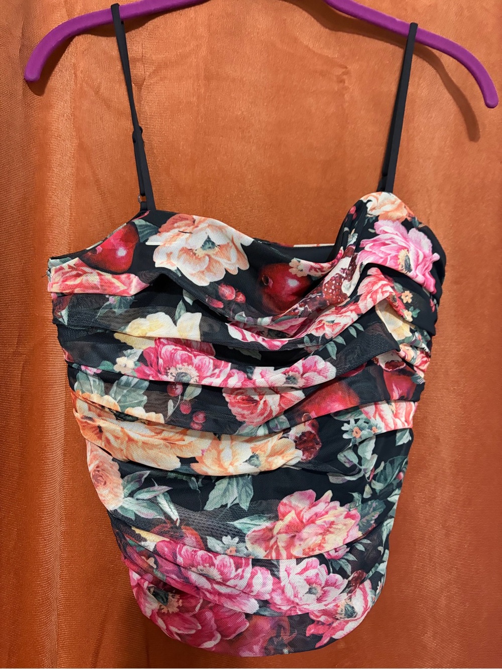 Express floral Ruched Cowl Neck Tank Top - Black Base with Pink & Peach Roses